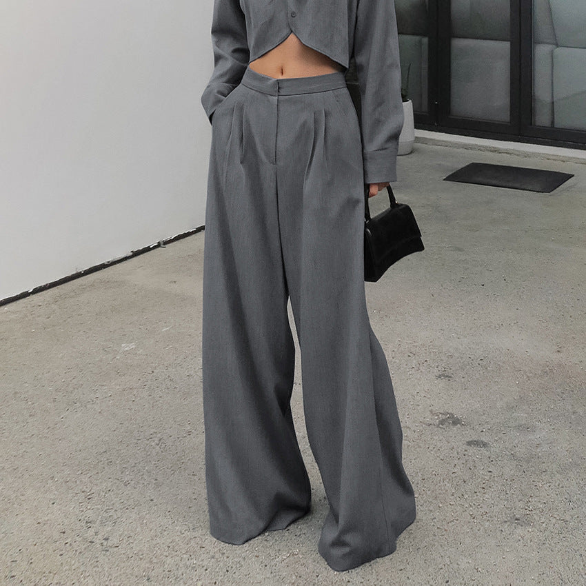 Gray Long Sleeve Shirt and High-Waist Wide-Leg Pants Set – Women's Casual Slimming Suit