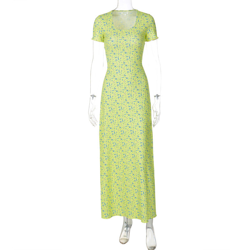 Fashion Printed U-neck Back Strap Short Sleeve Dress