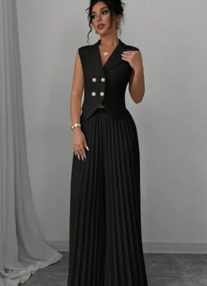 Summer Sleeveless Suit - Women's Vest Top and Pleated Straight Pants Set - Fashionable & Comfortable