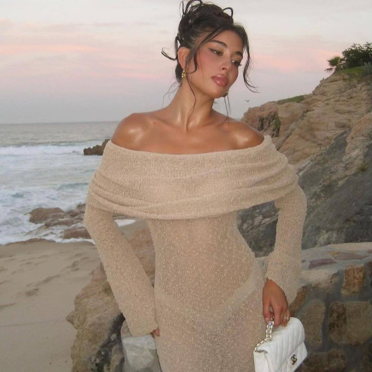 Sexy One-Shoulder Long-Sleeved Knitted Dress for Women | Beach & Holiday Dresses