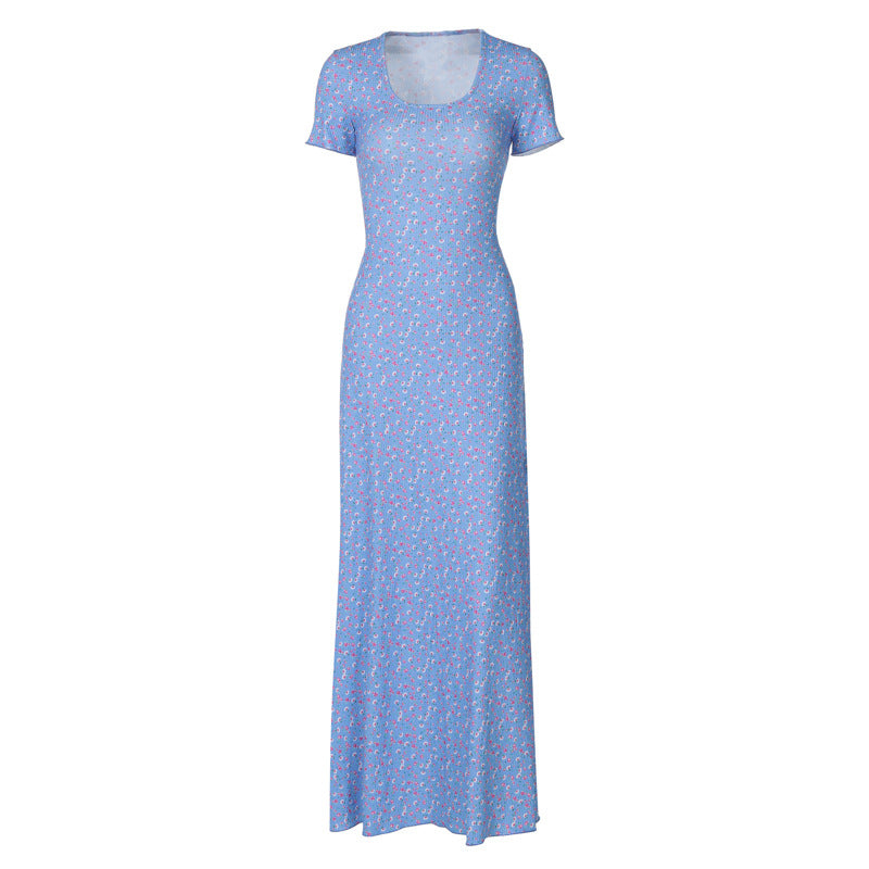 Fashion Printed U-neck Back Strap Short Sleeve Dress