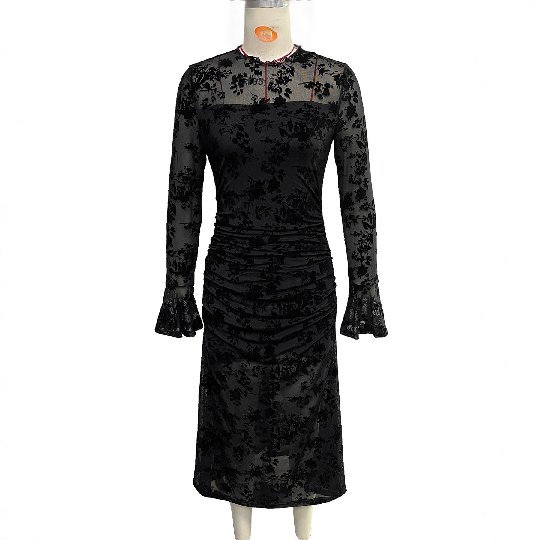 Flocked Mesh Trumpet-sleeve Mermaid Skirt