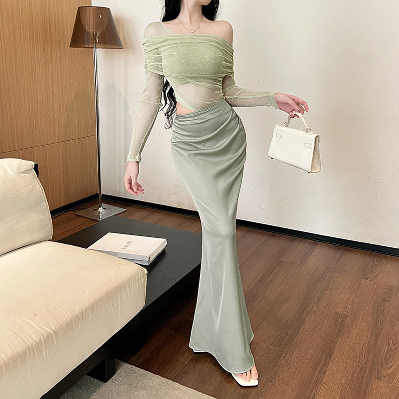 Off-shoulder Mesh Stitching Long Sleeves Dress Female Dress