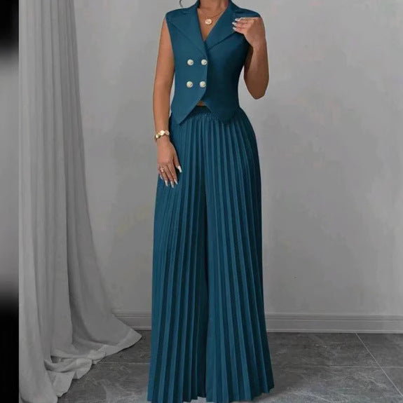 Summer Sleeveless Suit - Women's Vest Top and Pleated Straight Pants Set - Fashionable & Comfortable