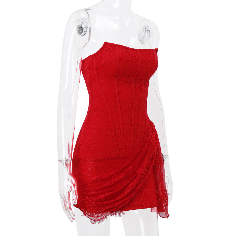 Strapless Lace Dress with Sexy Slim Skirt – Party Wear, Fashionable and Elegant | Available in Black, Red, and White