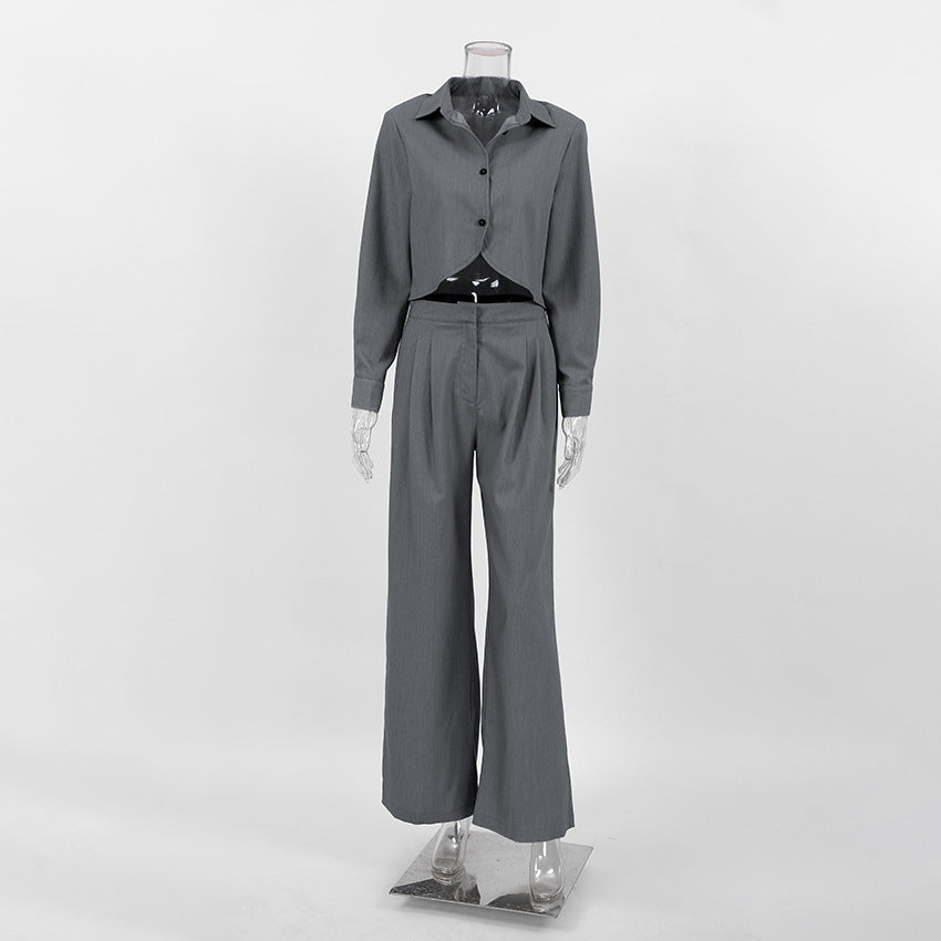 Gray Long Sleeve Shirt and High-Waist Wide-Leg Pants Set – Women's Casual Slimming Suit