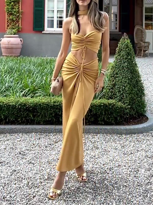 Solid Color Pleated Tube Top Skirt Suit