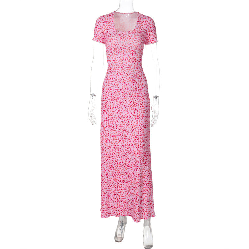Fashion Printed U-neck Back Strap Short Sleeve Dress