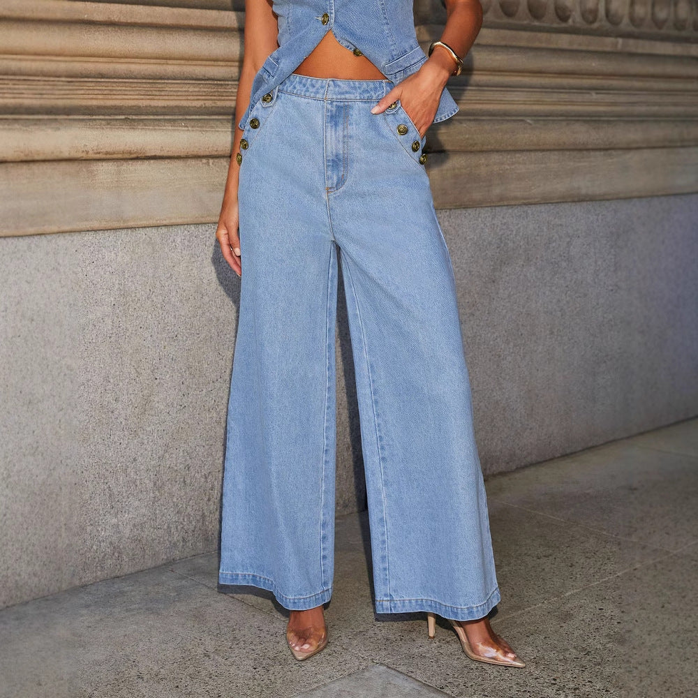 Women’s Two-Piece Denim Suit Set – Sleeveless Button Vest & Wide-Leg Jeans (Sizes S–XL, Washed Blue)