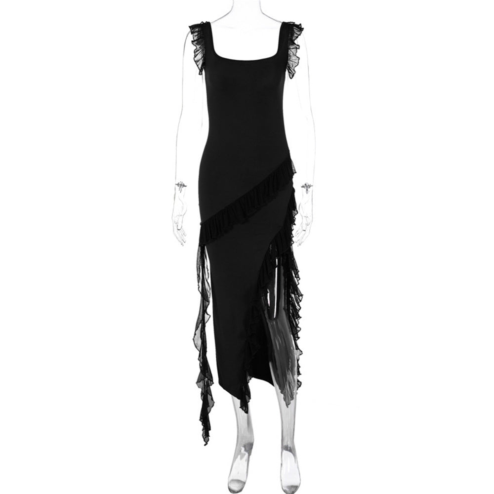 Women's Sexy Ruffle Thigh High Split Spaghetti Strap Backless Evening Dress – Square Neck Sleeveless Bodycon Long Party Dress for Club & Formal Events