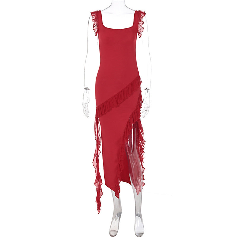 Women's Sexy Ruffle Thigh High Split Spaghetti Strap Backless Evening Dress – Square Neck Sleeveless Bodycon Long Party Dress for Club & Formal Events