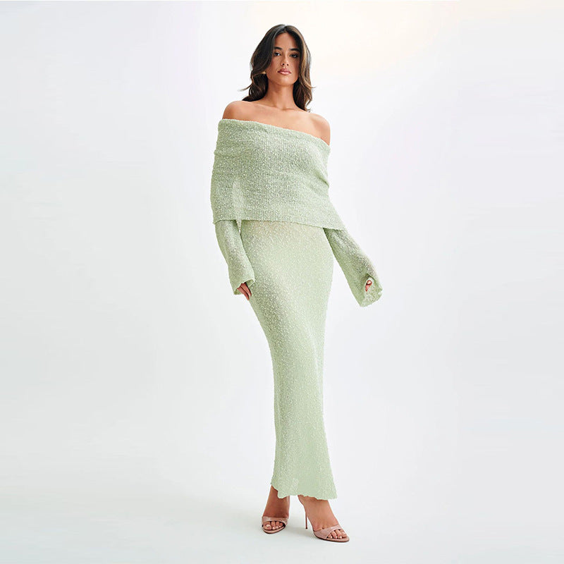 Sexy One-Shoulder Long-Sleeved Knitted Dress for Women | Beach & Holiday Dresses