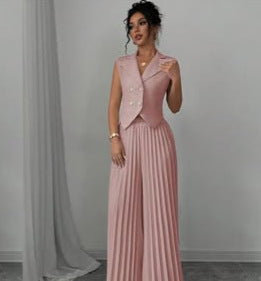 Summer Sleeveless Suit - Women's Vest Top and Pleated Straight Pants Set - Fashionable & Comfortable