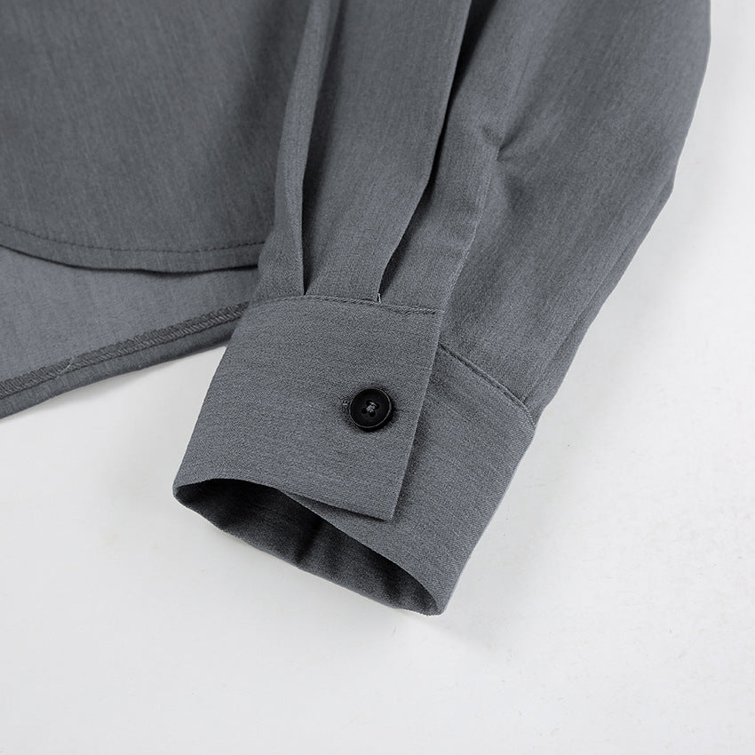 Gray Long Sleeve Shirt and High-Waist Wide-Leg Pants Set – Women's Casual Slimming Suit