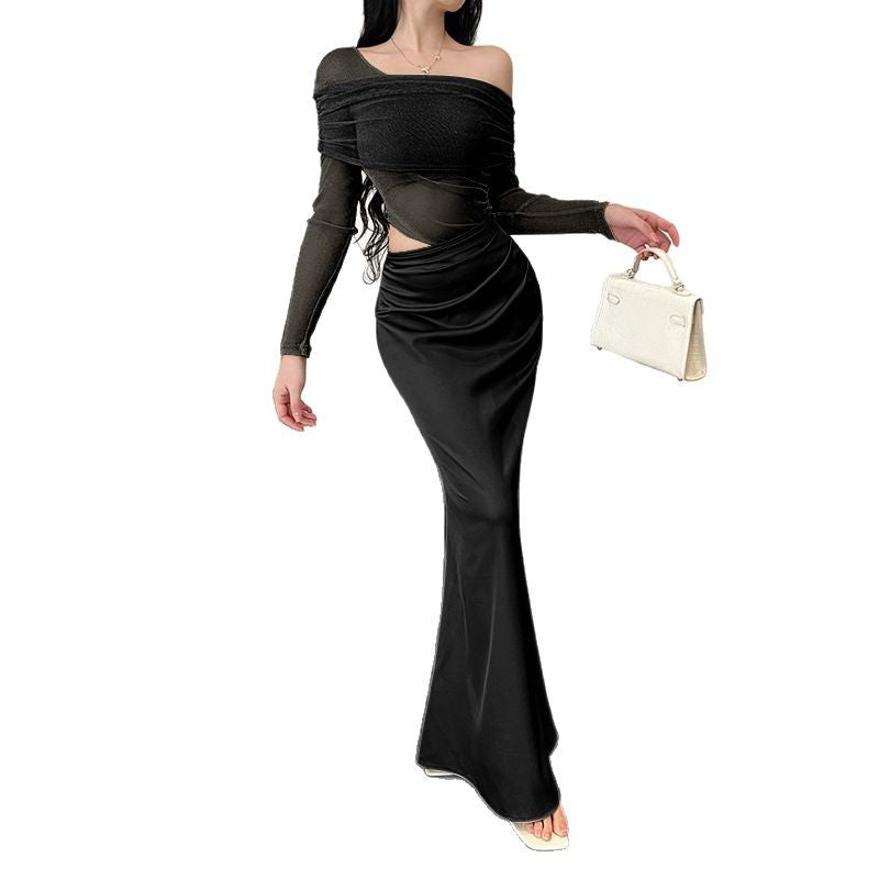 Off-shoulder Mesh Stitching Long Sleeves Dress Female Dress
