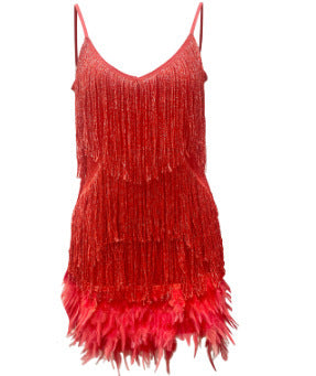 Sexy Tassel Sequins Feather Mini Dress Women V Neck Spaghetti Strap Stitching Dresses Female Elegant Evening Party Club Dress