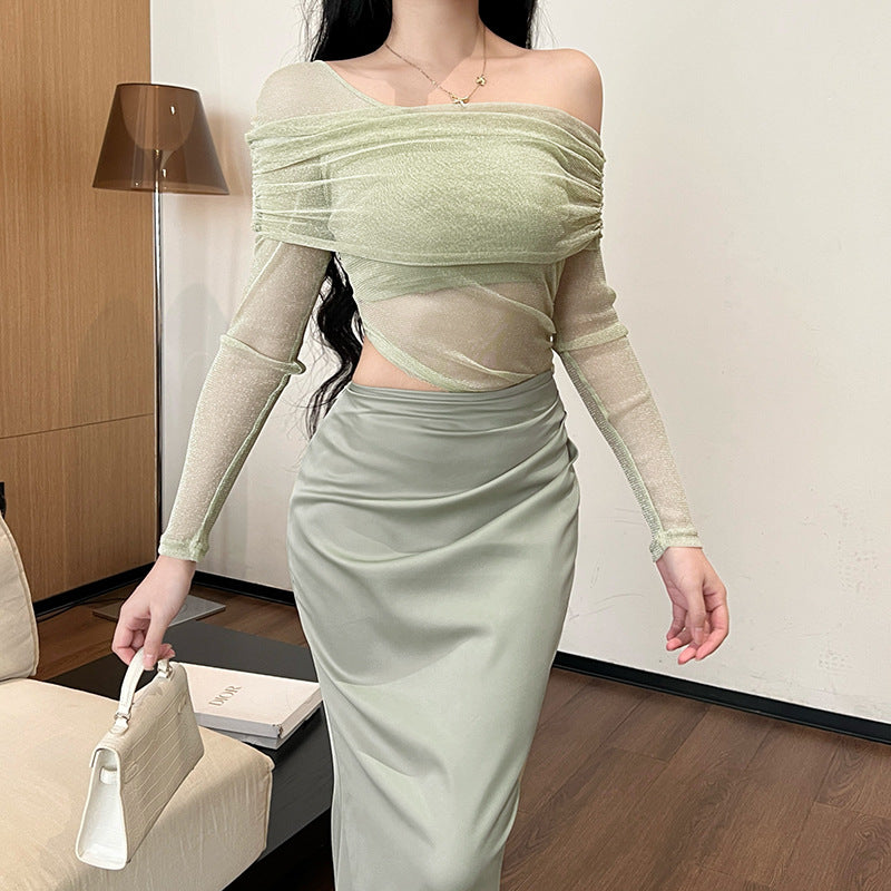Off-shoulder Mesh Stitching Long Sleeves Dress Female Dress