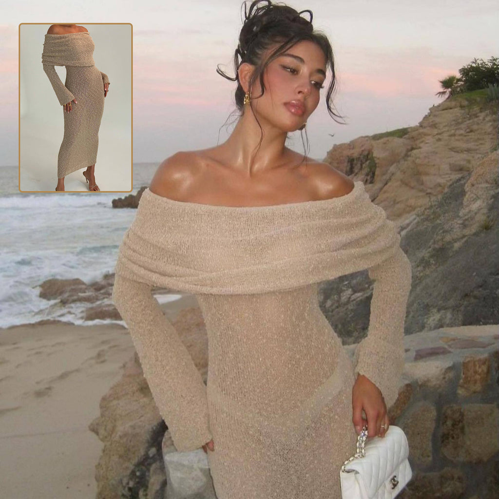 Sexy One-Shoulder Long-Sleeved Knitted Dress for Women | Beach & Holiday Dresses