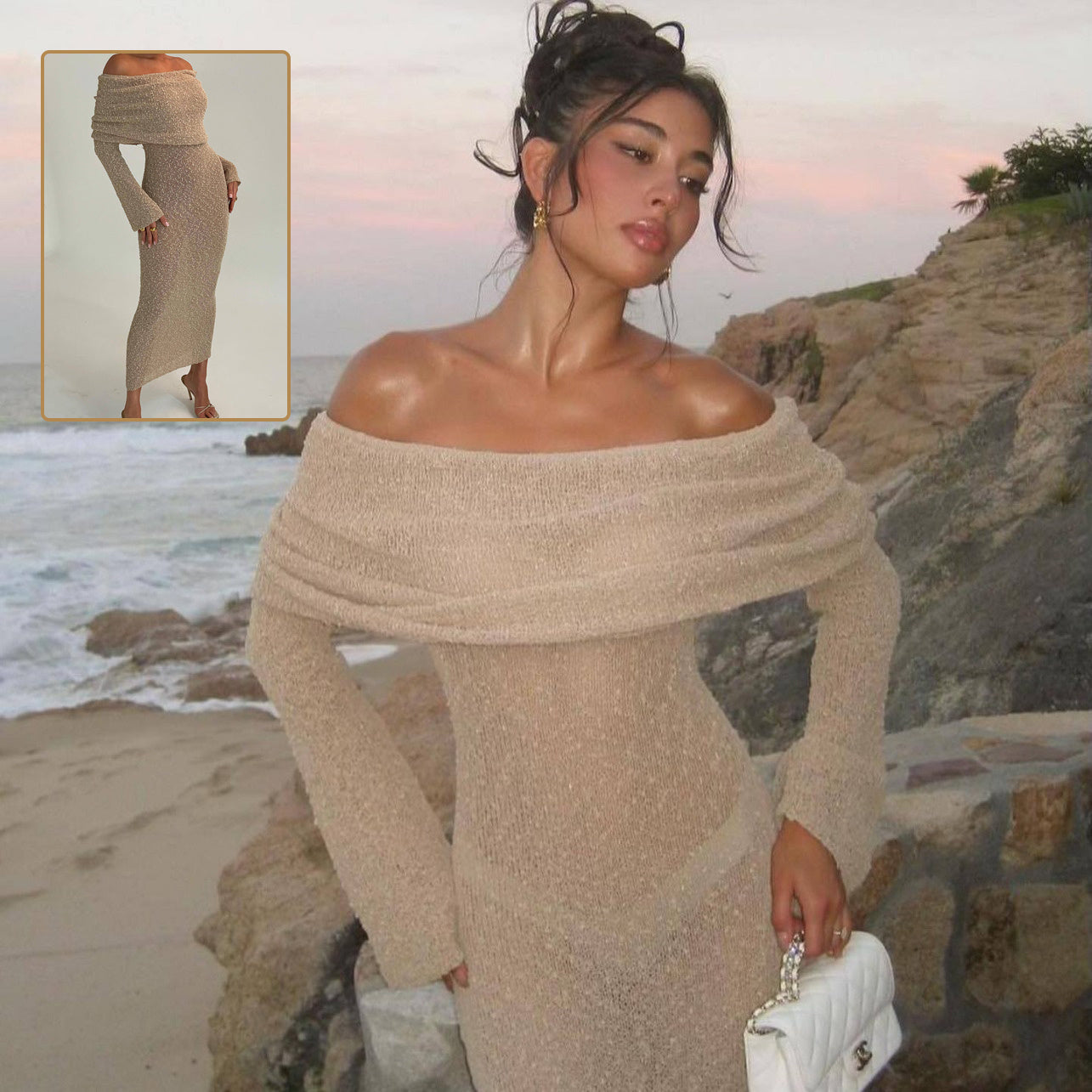 Sexy One-Shoulder Long-Sleeved Knitted Dress for Women | Beach & Holiday Dresses