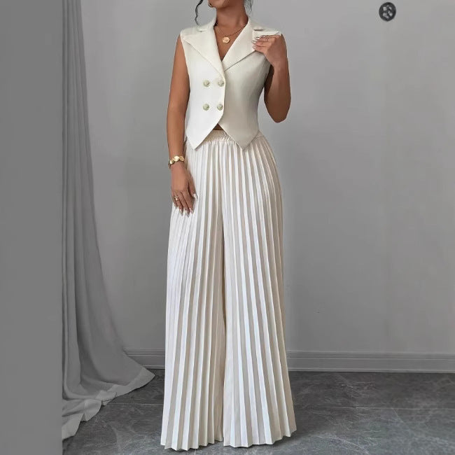 Summer Sleeveless Suit - Women's Vest Top and Pleated Straight Pants Set - Fashionable & Comfortable