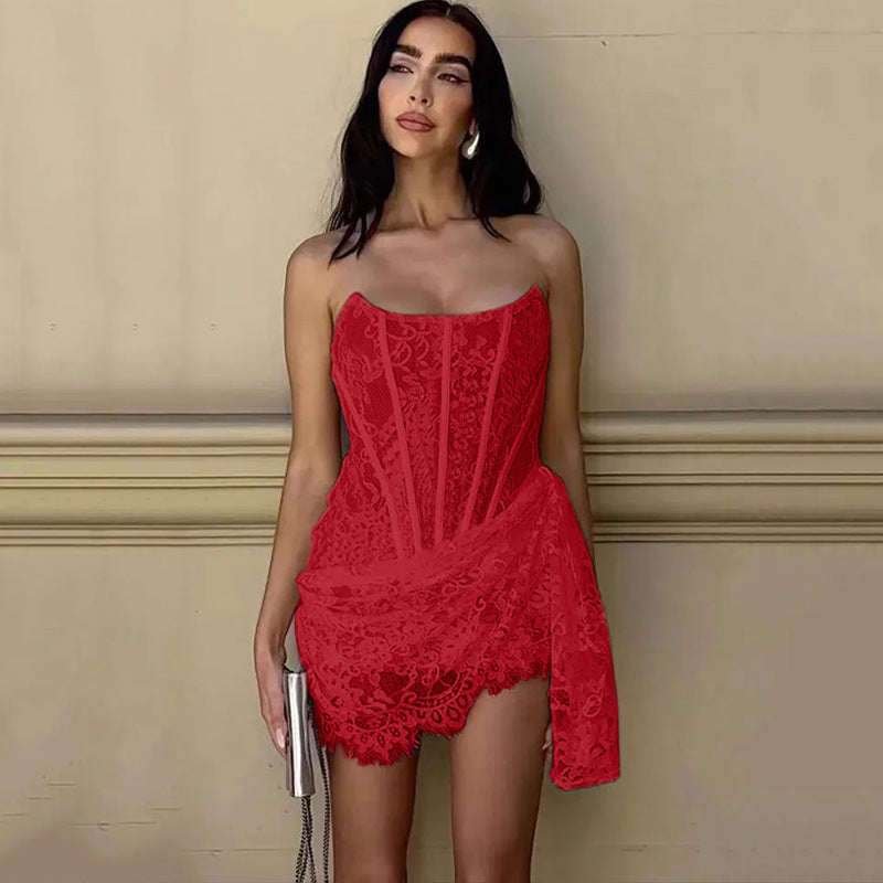 Strapless Lace Dress with Sexy Slim Skirt – Party Wear, Fashionable and Elegant | Available in Black, Red, and White