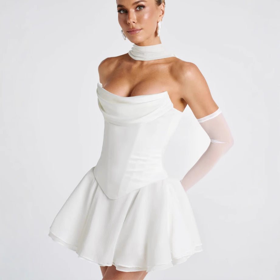 French Solid Color Tube Top Dress With Sleeves