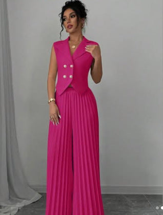Summer Sleeveless Suit - Women's Vest Top and Pleated Straight Pants Set - Fashionable & Comfortable