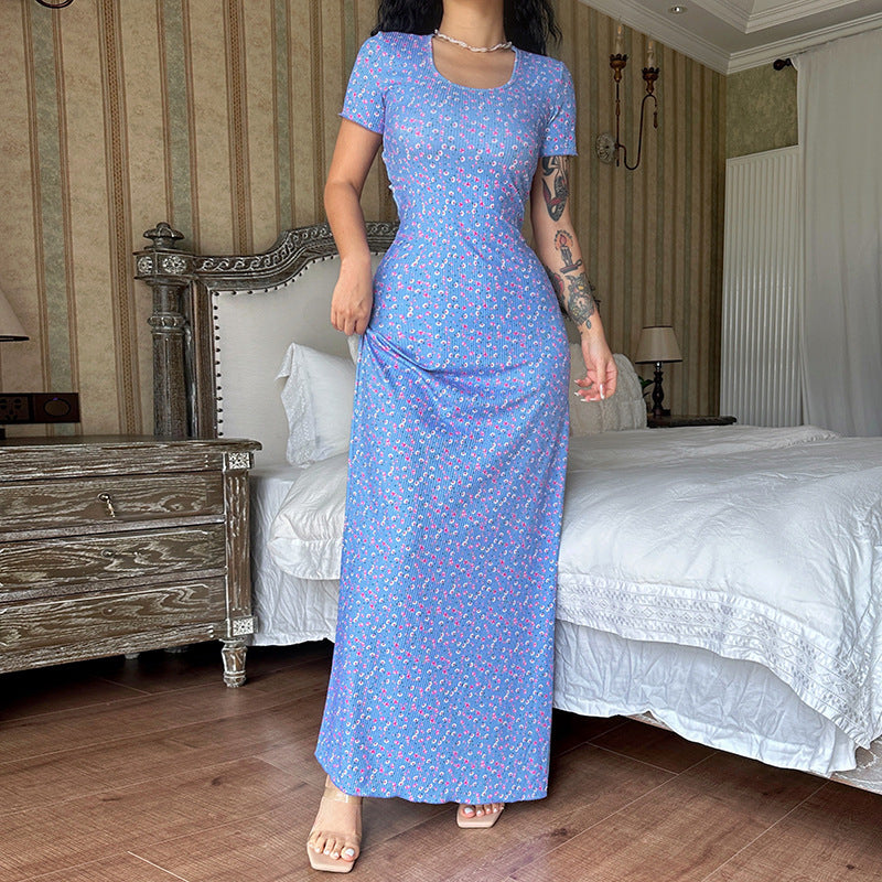 Fashion Printed U-neck Back Strap Short Sleeve Dress