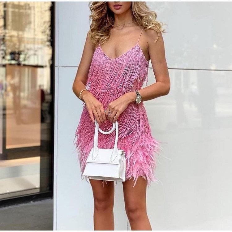 Sexy Tassel Sequins Feather Mini Dress Women V Neck Spaghetti Strap Stitching Dresses Female Elegant Evening Party Club Dress