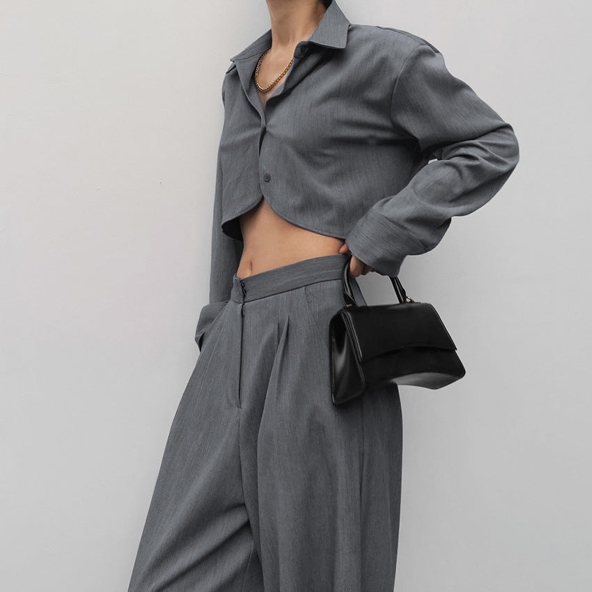 Gray Long Sleeve Shirt and High-Waist Wide-Leg Pants Set – Women's Casual Slimming Suit