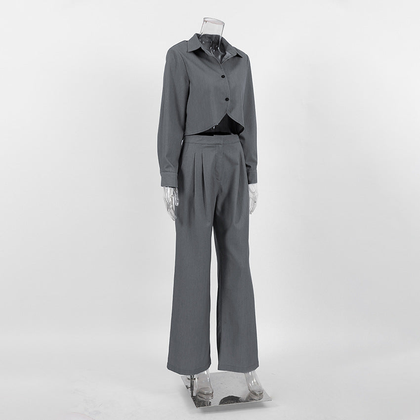 Gray Long Sleeve Shirt and High-Waist Wide-Leg Pants Set – Women's Casual Slimming Suit