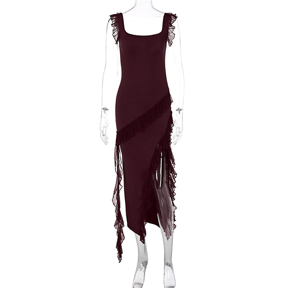 Women's Sexy Ruffle Thigh High Split Spaghetti Strap Backless Evening Dress – Square Neck Sleeveless Bodycon Long Party Dress for Club & Formal Events
