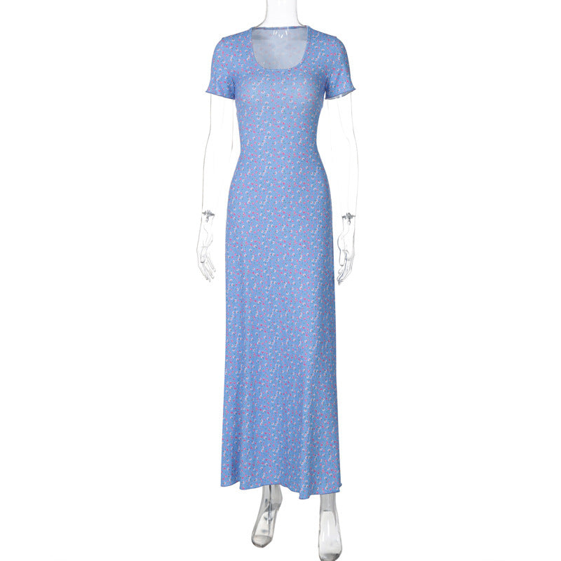 Fashion Printed U-neck Back Strap Short Sleeve Dress