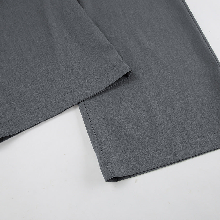 Gray Long Sleeve Shirt and High-Waist Wide-Leg Pants Set – Women's Casual Slimming Suit