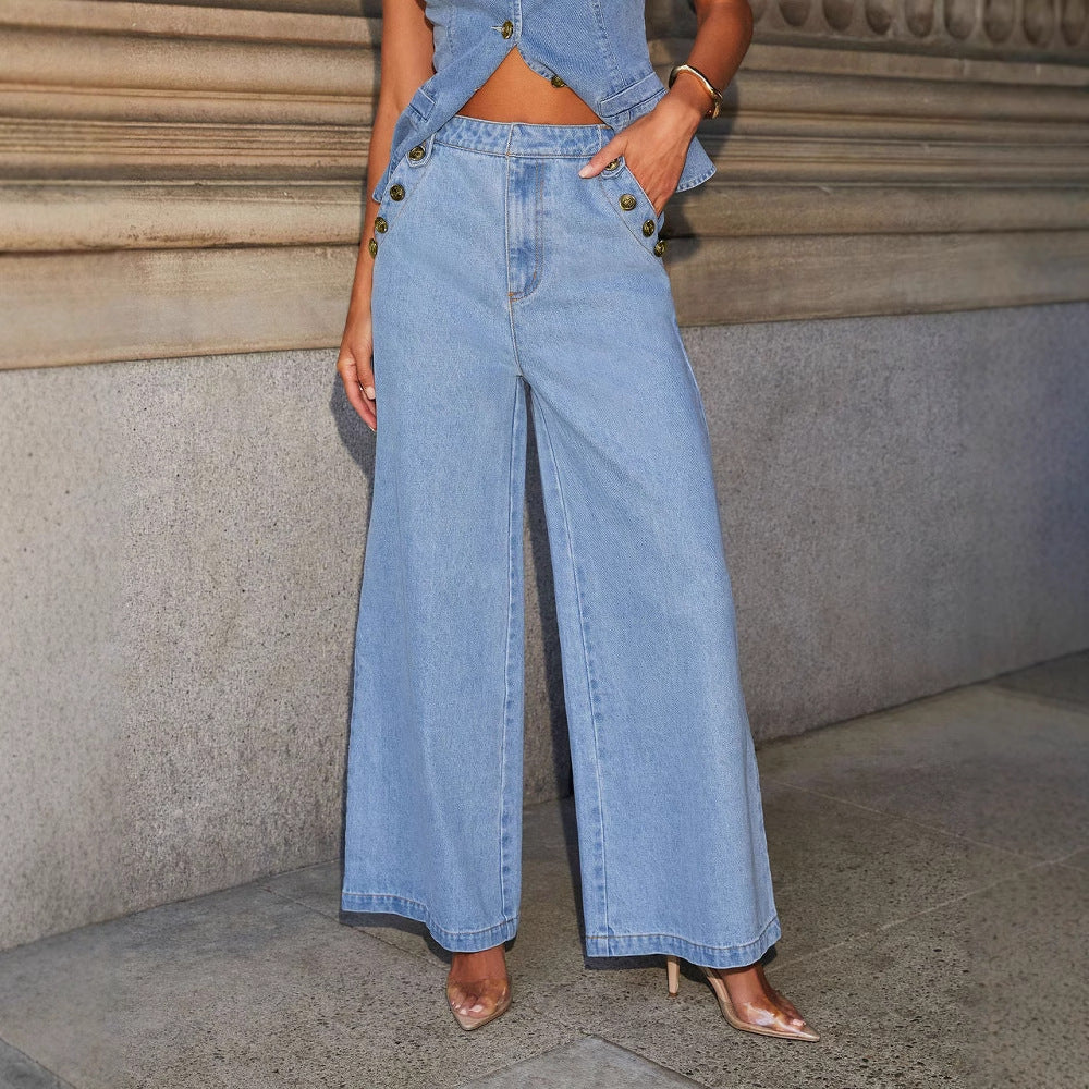 Women’s Two-Piece Denim Suit Set – Sleeveless Button Vest & Wide-Leg Jeans (Sizes S–XL, Washed Blue)