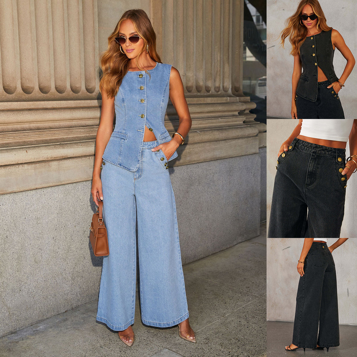 Women’s Two-Piece Denim Suit Set – Sleeveless Button Vest & Wide-Leg Jeans (Sizes S–XL, Washed Blue)
