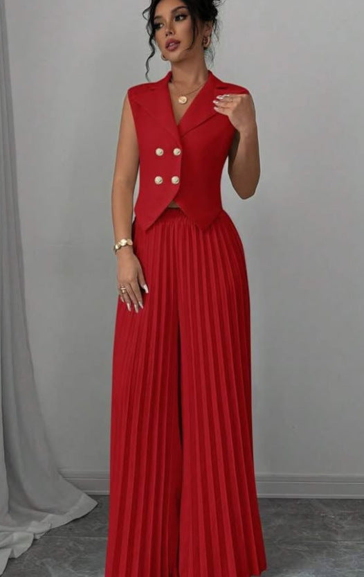 Summer Sleeveless Suit - Women's Vest Top and Pleated Straight Pants Set - Fashionable & Comfortable