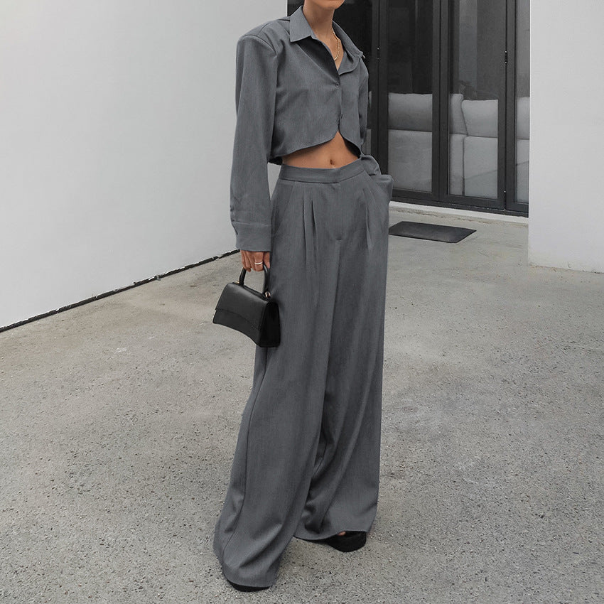 Gray Long Sleeve Shirt and High-Waist Wide-Leg Pants Set – Women's Casual Slimming Suit