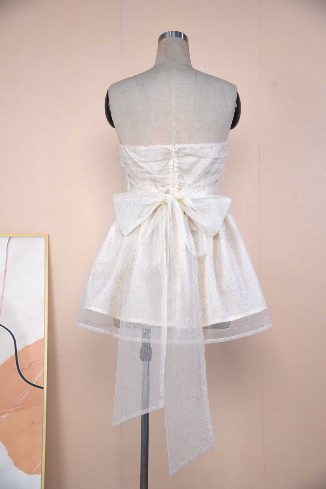 Tube Top Lace Dress With back bow Summer Fashion Off-Neck Mesh Stitching Short Skirt Dress | Apricot, Black, Gold, Red | Available in S-2XL