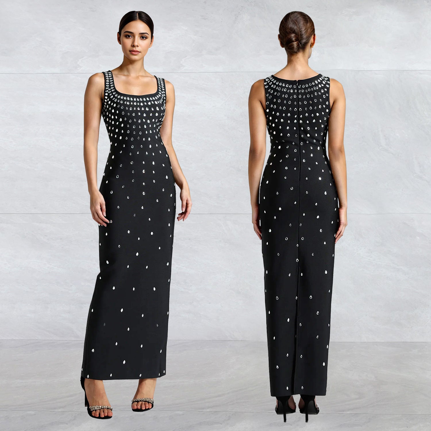 Rhinestone U-neck Sleeveless Sheath Tight Dress