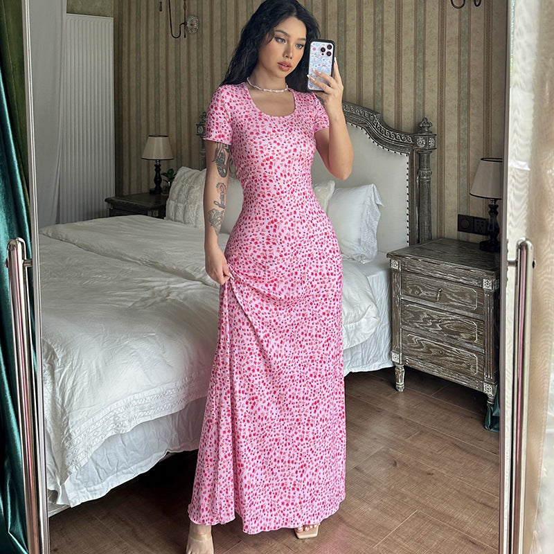 Fashion Printed U-neck Back Strap Short Sleeve Dress