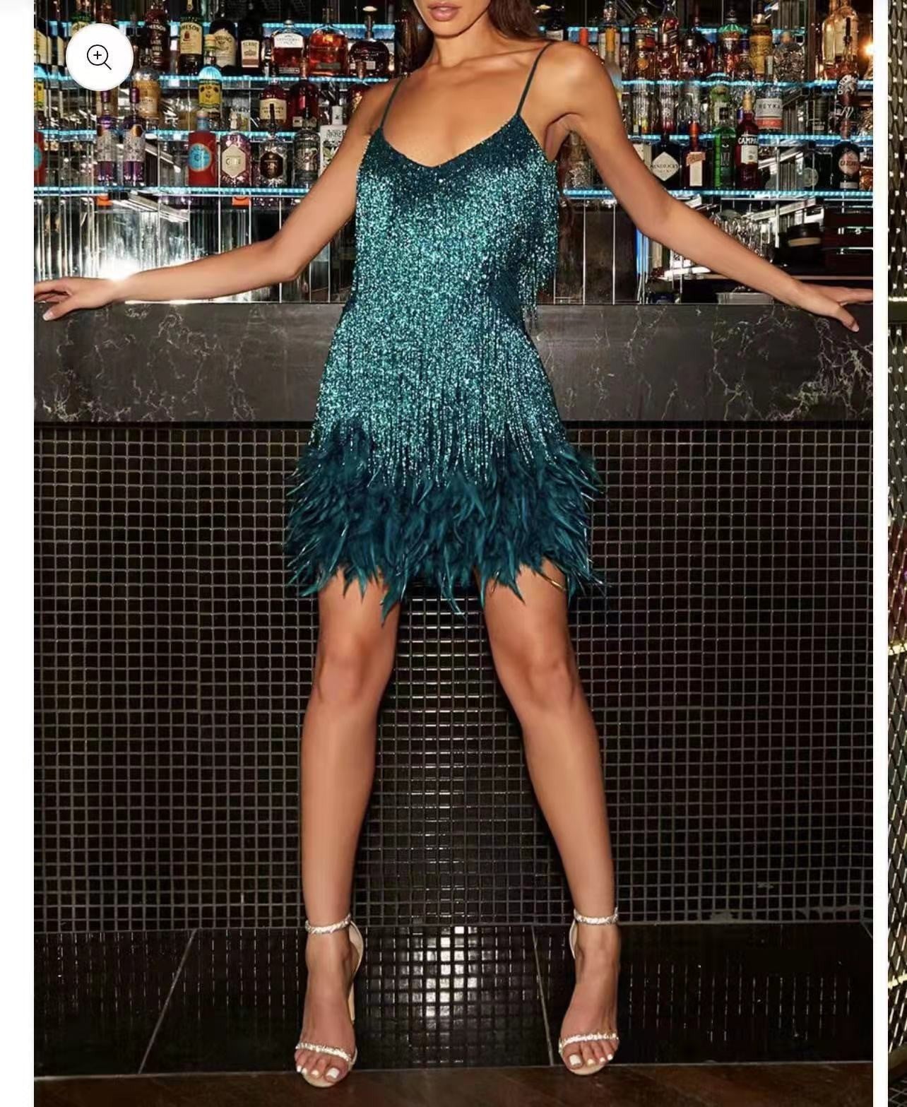 Sexy Tassel Sequins Feather Mini Dress Women V Neck Spaghetti Strap Stitching Dresses Female Elegant Evening Party Club Dress