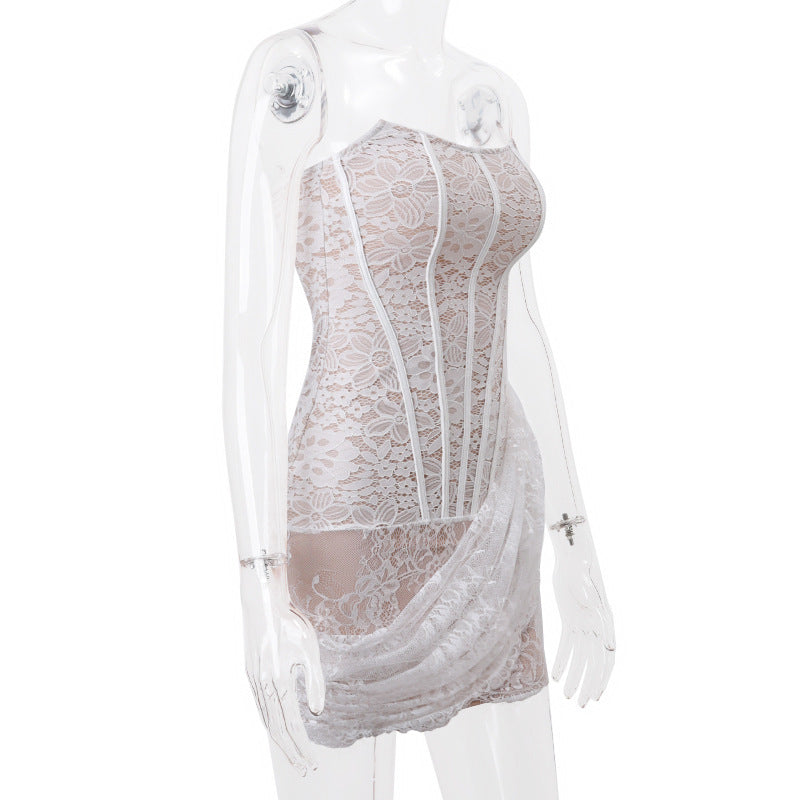 Strapless Lace Dress with Sexy Slim Skirt – Party Wear, Fashionable and Elegant | Available in Black, Red, and White