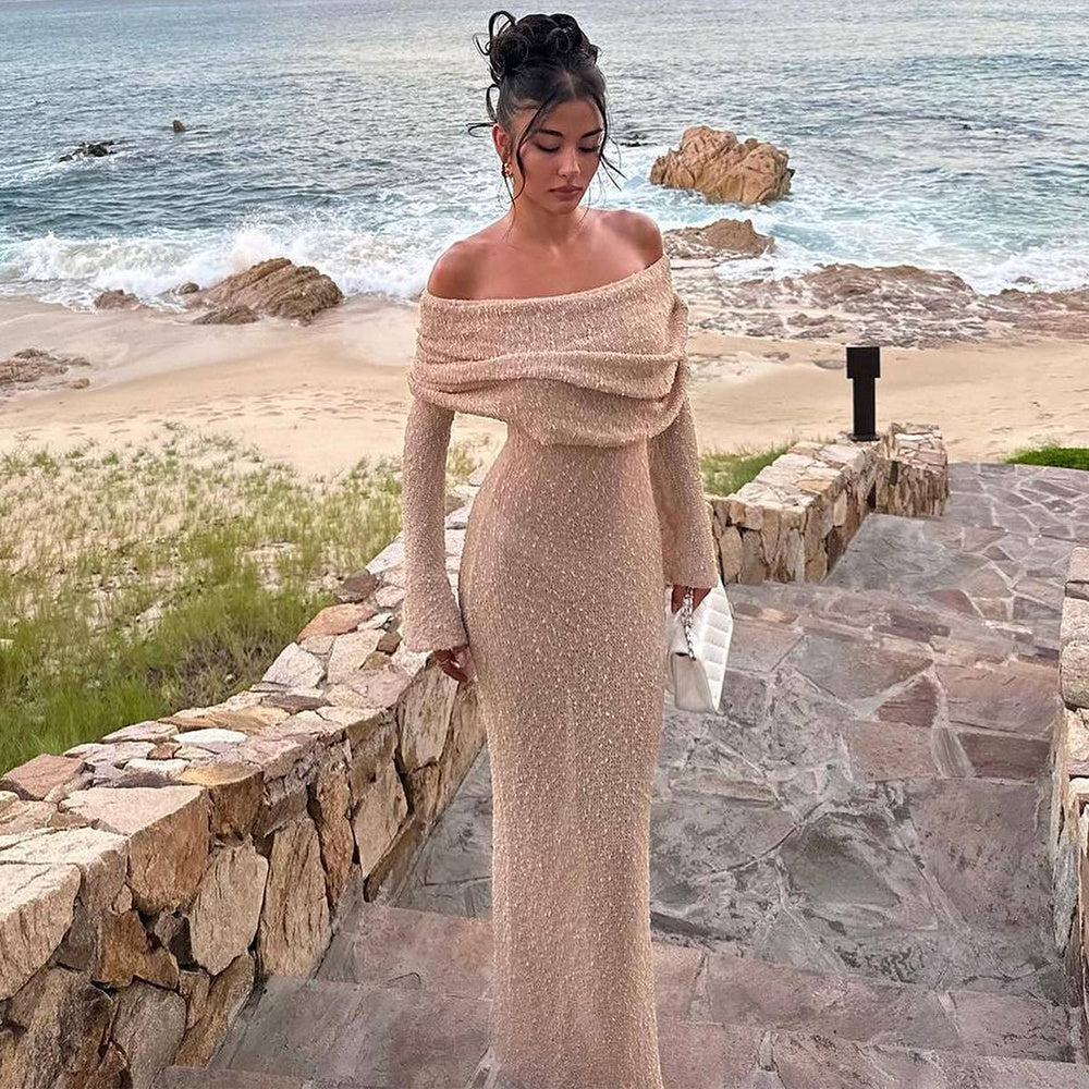 Sexy One-Shoulder Long-Sleeved Knitted Dress for Women | Beach & Holiday Dresses