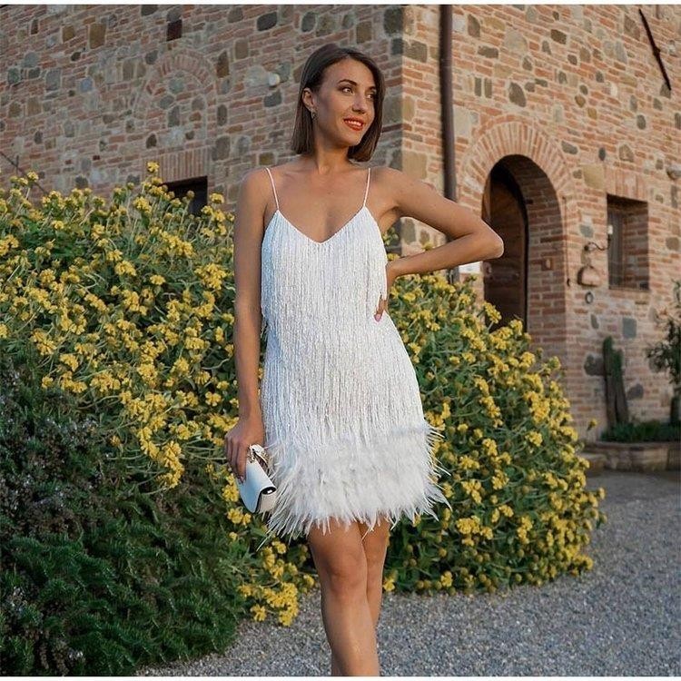 Sexy Tassel Sequins Feather Mini Dress Women V Neck Spaghetti Strap Stitching Dresses Female Elegant Evening Party Club Dress