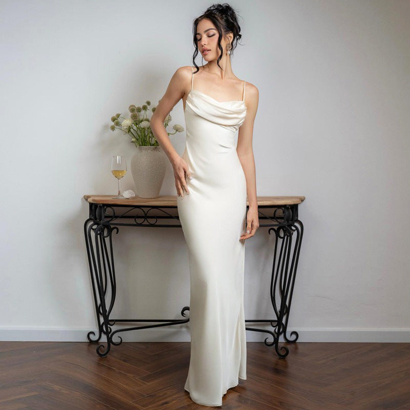 Solid Color Satin Sexy Backless Spaghetti Straps Dress