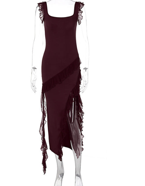 Women's Sexy Ruffle Thigh High Split Spaghetti Strap Backless Evening Dress – Square Neck Sleeveless Bodycon Long Party Dress for Club & Formal Events