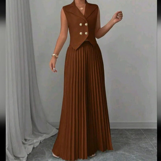 Summer Sleeveless Suit - Women's Vest Top and Pleated Straight Pants Set - Fashionable & Comfortable