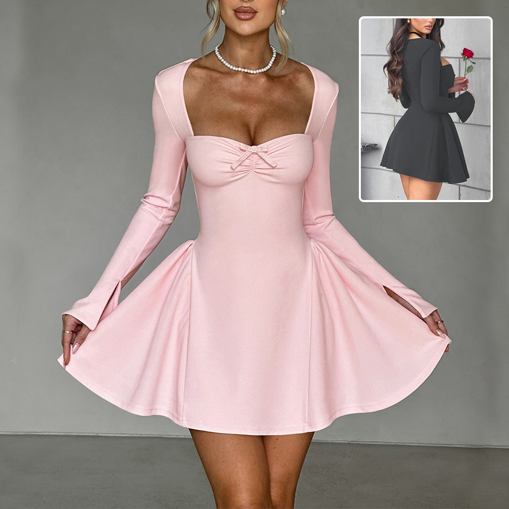 Y2K-Inspired Long Sleeve Mini Dress – Low Neck A-Line Fit for Daily Wear or Parties (Sizes XS–L, Black & Gray)