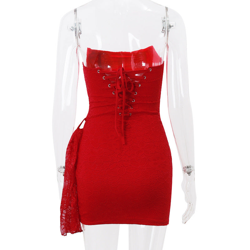 Strapless Lace Dress with Sexy Slim Skirt – Party Wear, Fashionable and Elegant | Available in Black, Red, and White